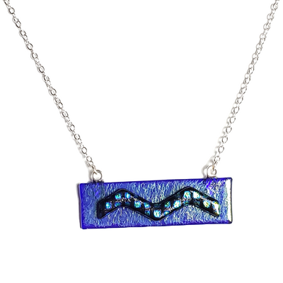 Dichroic blue plaid on iridescent blue fused glass bar necklace
