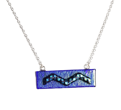 Dichroic Blue Plaid on Iridescent Blue Fused Glass Bar Necklace