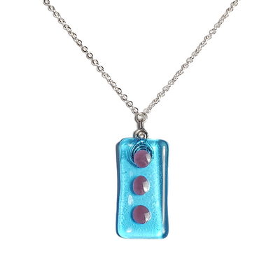 Purple dots on transparent blue fused glass pendant necklace