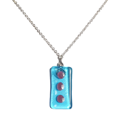 Purple Dots on Transparent Blue Fused Glass Pendant Necklace