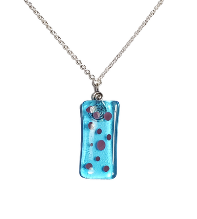 Purple Dots on Transparent Blue Fused Glass Pendant Necklace