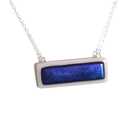 Dichroic purple blue circles on lavender fused glass bar necklace