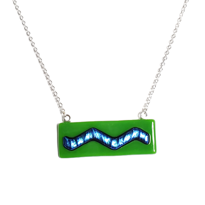 Dichroic blue wave on green fused glass bar necklace