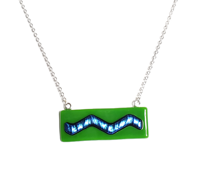 Dichroic Blue Wave on Green Fused Glass Bar Necklace