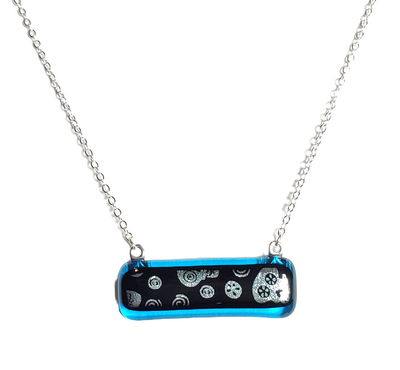 Dichroic Silver Skulls on Transparent Blue Fused Glass Bar Necklace