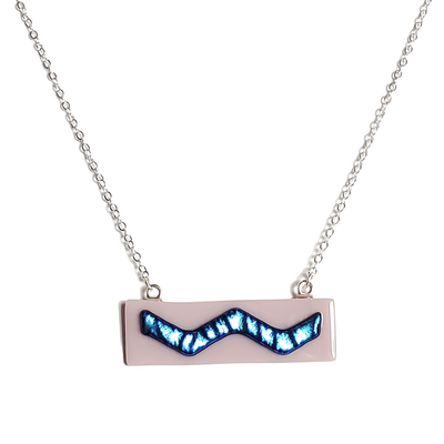 Dichroic blue wave on lavender fused glass bar necklace