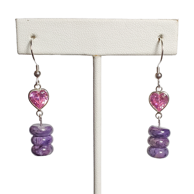 Stacked purple charoite and pink heart crystal earrings with sterling silver hooks