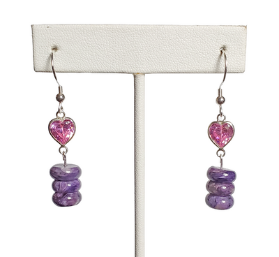 Stacked Purple Charoite and Pink Heart Crystal Earrings with Sterling Silver Hooks