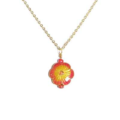 Pink and yellow cloisonne flower necklace
