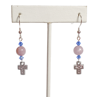 Purple lavender chalcedony and cross earrings with sterling silver hooks