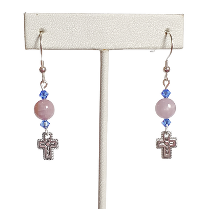Purple Lavender Chalcedony and Cross Earrings with Sterling Silver Hooks