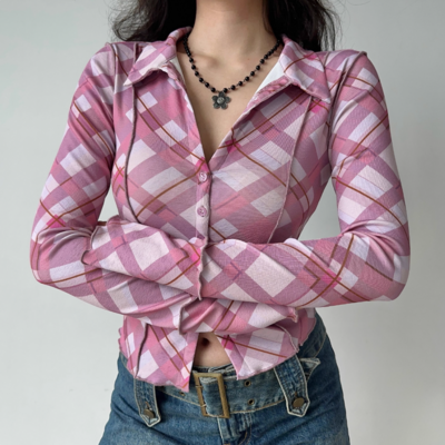 Plaid long sleeve shirt women's short top - Thumbnail 5