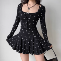 Black Polka Dot Suspender Cardigan Mesh High Waist Skirt Set - Thumbnail 2