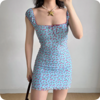Sweet Cherry Print Square Neck Dress - Thumbnail 1