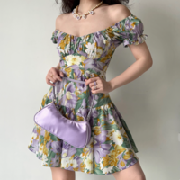 Retro oil painting flower puff sleeve short-sleeved dress for women with back straps - Thumbnail 2