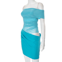 Mesh stitching one-shoulder transparent slim fit hip dress - Thumbnail 4