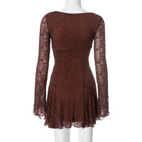 Lace patchwork V-neck long-sleeved slim skirt - Thumbnail 3