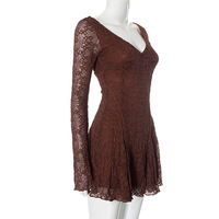 Lace patchwork V-neck long-sleeved slim skirt - Thumbnail 4