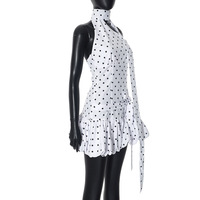 Hot Girl Polka Dot Print Irregular Stitching Short Dress - Thumbnail 4