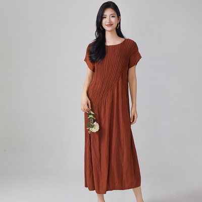 Women's summer new round neck splicing loose versatile mid-length skirt
