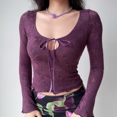Retro jacquard lace-up long sleeve top women's slim fit u-neck t-shirt - Thumbnail 5