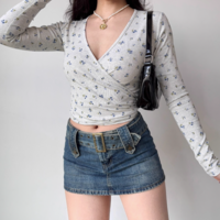 Sexy Crossover V-Neck Wrap Long Sleeve T-Shirt - Thumbnail 1