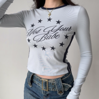 Retro letter print round neck straight shoulder long sleeve T-shirt - Thumbnail 1