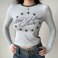 Retro letter print round neck straight shoulder long sleeve T-shirt - Thumbnail 3