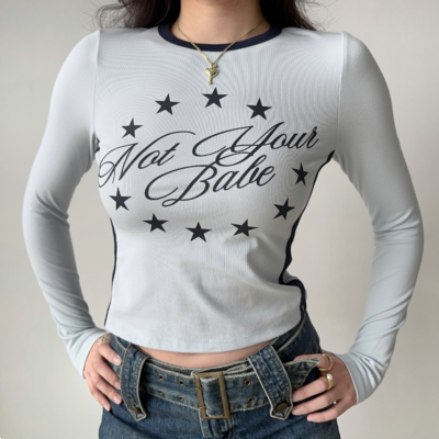 Retro letter print round neck straight shoulder long sleeve t-shirt