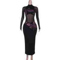 Grey floral rhinestone dress sexy see-through hip-hugging long skirt - Thumbnail 1