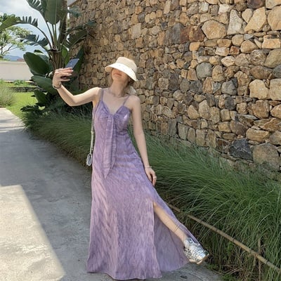 Large size tie-dye suspender long skirt purple bow slit v neck a-line skirt