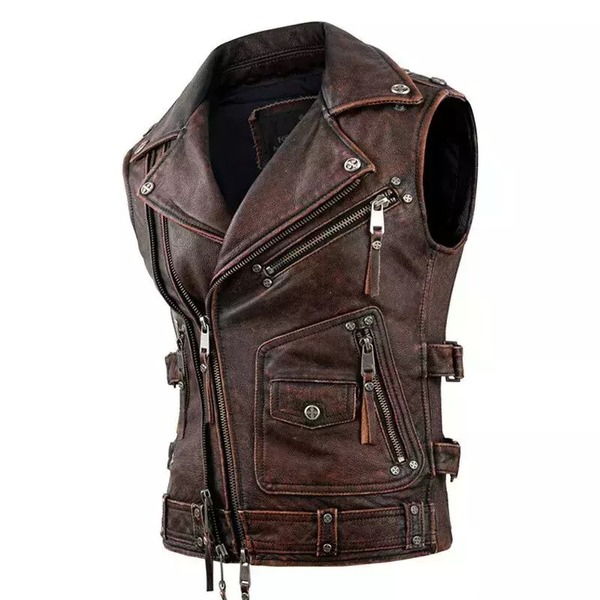 Brown Vintage Motorcycle Vest for Men – Genuine Cowhide Sleeveless Riding Jacket