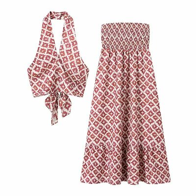 Fashion casual halterneck printed top and skirt set - Thumbnail 2