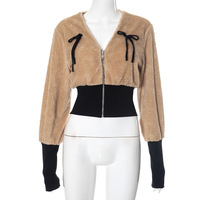 Bowknot V-neck long-sleeved coat for women in winter, lamb fleece with waist and slim fit - Thumbnail 4