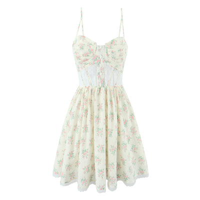 Lace Embroidery Printed Fishbone Waist Suspender Short Dress