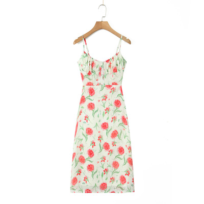 Girls' fresh and big flower print holiday leisure elastic suspender dress