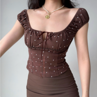 Retro Polka Dot Lace-up Square Neck Puff Sleeve T-shirt - Thumbnail 2