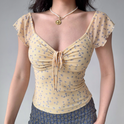 Floral mesh short sleeve t-shirt women's lace-up v-neck hot girl top