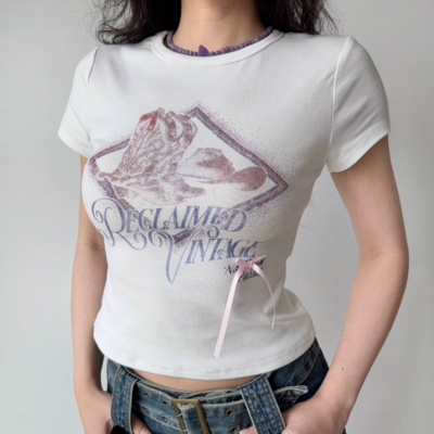 Printed white round neck short sleeve t-shirt women's summer straight shoulder slim fit top - Thumbnail 1