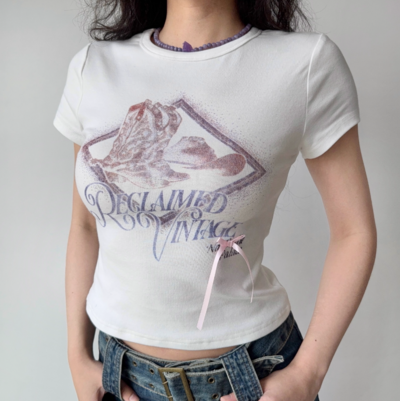 Printed White Round Neck Short Sleeve T-shirt Women's Summer Straight Shoulder Slim Fit Top