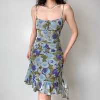 Printed suspender dress slim fit dress ruffled hip skirt - Thumbnail 3