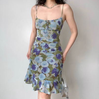 Printed suspender dress slim fit dress ruffled hip skirt