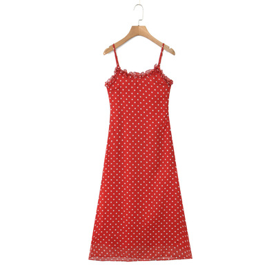 Casual ruffle lace polka dot sexy suspender maxi dress