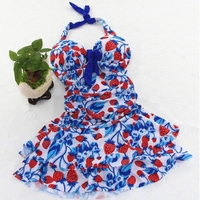 Strawberry Swimdress, Strawberry Swimsuit, Strawberry Retro Floral Halter Neck Swimsuit - Thumbnail 4