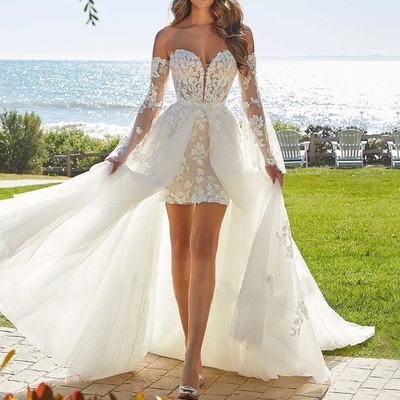 Customized  sweetheart long sleeve short shearth wedding dresses with detachablt train 