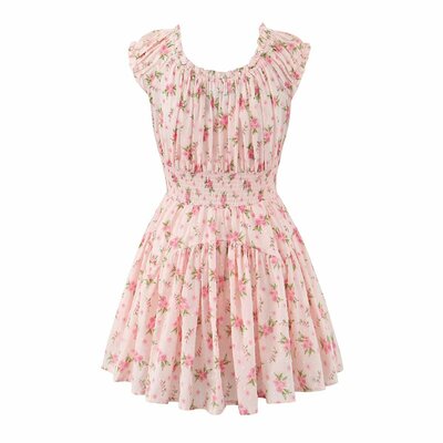 Retro style sexy u-neck waist ruffled floral dress
