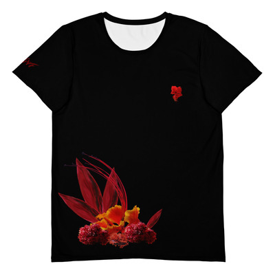 Red blossom print black men's t-shirt
