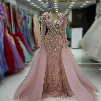 Customzied long sleeve glitter eveing gown  full crystals sequins stones skirt gown detachable tailparty dress