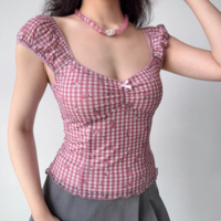 Retro Print Plaid Puff Sleeve T-Shirt - Thumbnail 1
