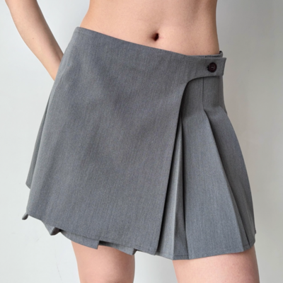 Asymmetric pleated skirt women's low waist a-line short skirt - Thumbnail 2